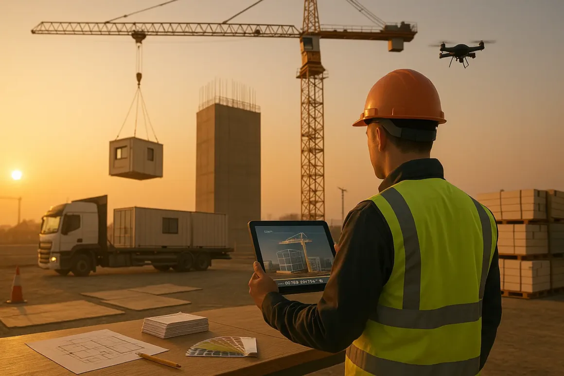 Future of construction in the UK: digital twins, 4D/5D BIM on a tablet, drones, and modular units arriving on site.