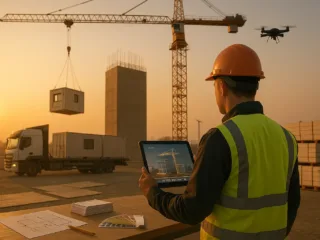 Future of construction in the UK: digital twins, 4D/5D BIM on a tablet, drones, and modular units arriving on site.
