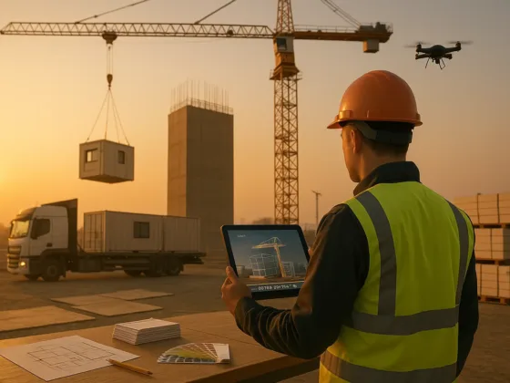 Future of construction in the UK: digital twins, 4D/5D BIM on a tablet, drones, and modular units arriving on site.