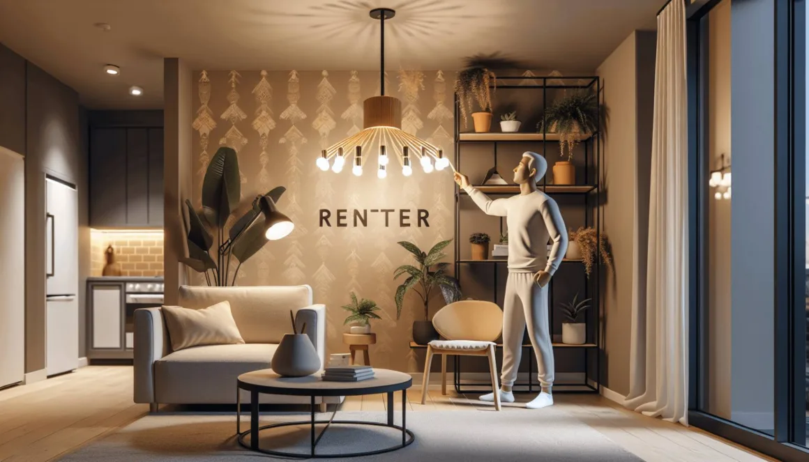 A stylish rental apartment interior featuring elegant decor, warm ambient lighting, and renter-friendly upgrades like a chic hanging light fixture, peel-and-stick wallpaper, and decorative plants. A Hispanic person is adjusting the ceiling light fixture, contributing to the welcoming atmosphere of the space.