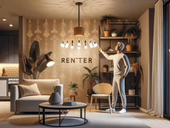A stylish rental apartment interior featuring elegant decor, warm ambient lighting, and renter-friendly upgrades like a chic hanging light fixture, peel-and-stick wallpaper, and decorative plants. A Hispanic person is adjusting the ceiling light fixture, contributing to the welcoming atmosphere of the space.
