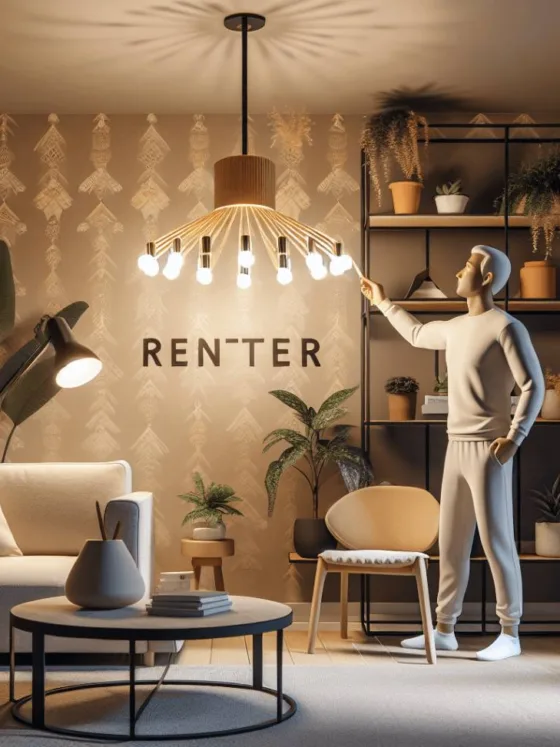 A stylish rental apartment interior featuring elegant decor, warm ambient lighting, and renter-friendly upgrades like a chic hanging light fixture, peel-and-stick wallpaper, and decorative plants. A Hispanic person is adjusting the ceiling light fixture, contributing to the welcoming atmosphere of the space.