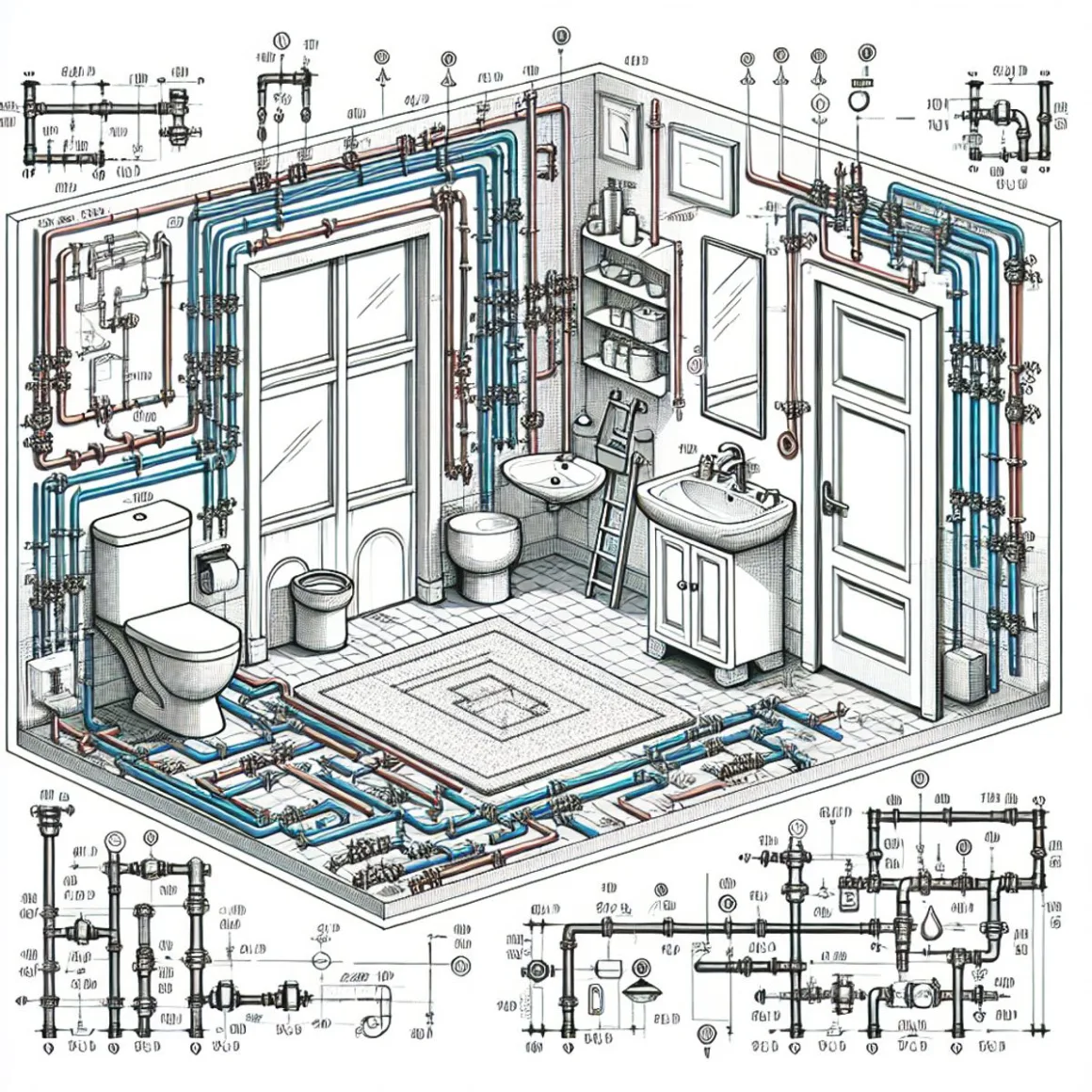 An image showing a detailed blueprint of a bathroom with plumbing fixtures and a spare room for potential conversion into a bathroom.