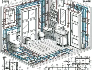 An image showing a detailed blueprint of a bathroom with plumbing fixtures and a spare room for potential conversion into a bathroom.
