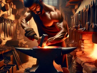 A Hispanic blacksmith expertly shaping hot iron on an anvil in a traditional workshop.