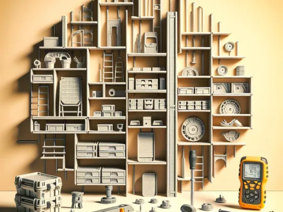 Adjustable storage shelves with trays of varying heights, showcasing different load-bearing capacities. Nearby equipment includes a stud finder and wall anchors, promoting balance, functionality, and order.