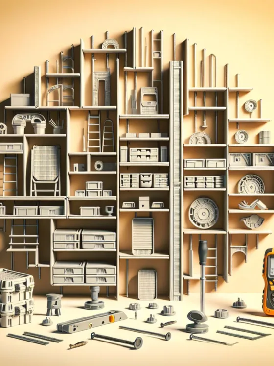 Adjustable storage shelves with trays of varying heights, showcasing different load-bearing capacities. Nearby equipment includes a stud finder and wall anchors, promoting balance, functionality, and order.