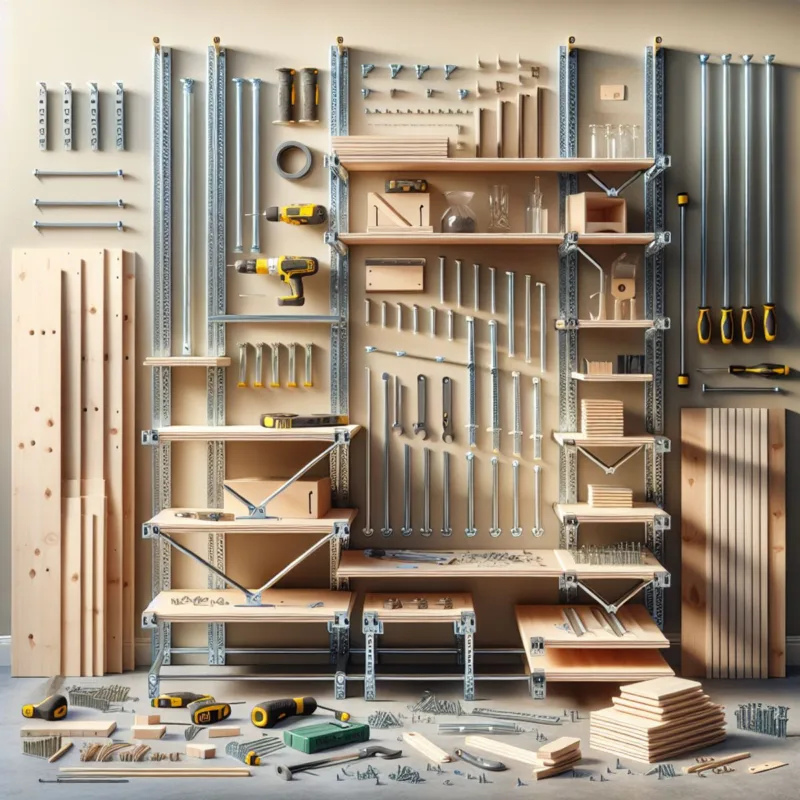 Unfinished adjustable storage rack being assembled with tools and materials in the background.