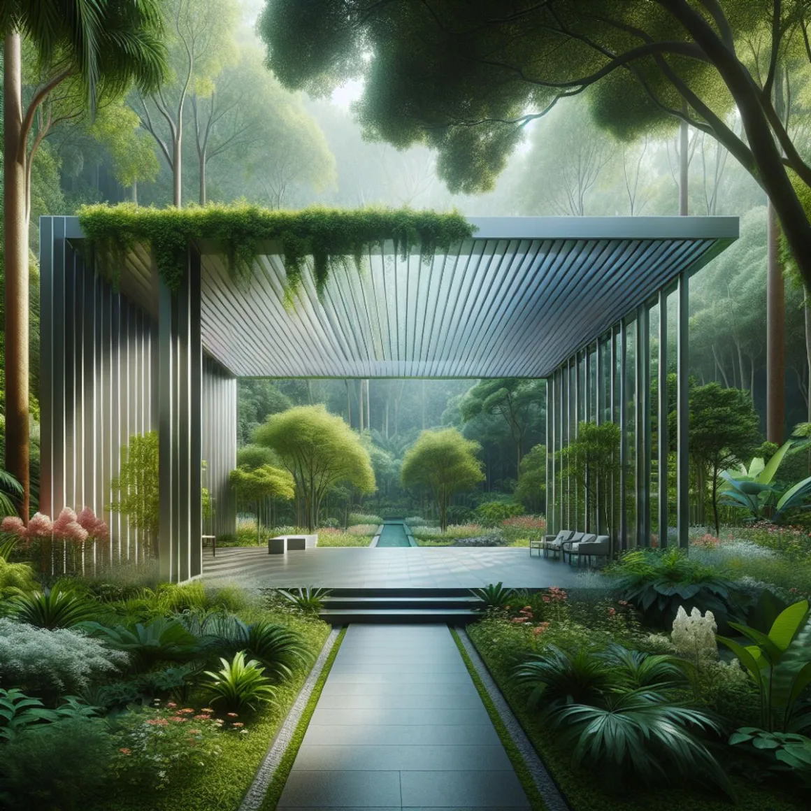 Sleek aluminum pergola surrounded by lush greenery and polished stone floor