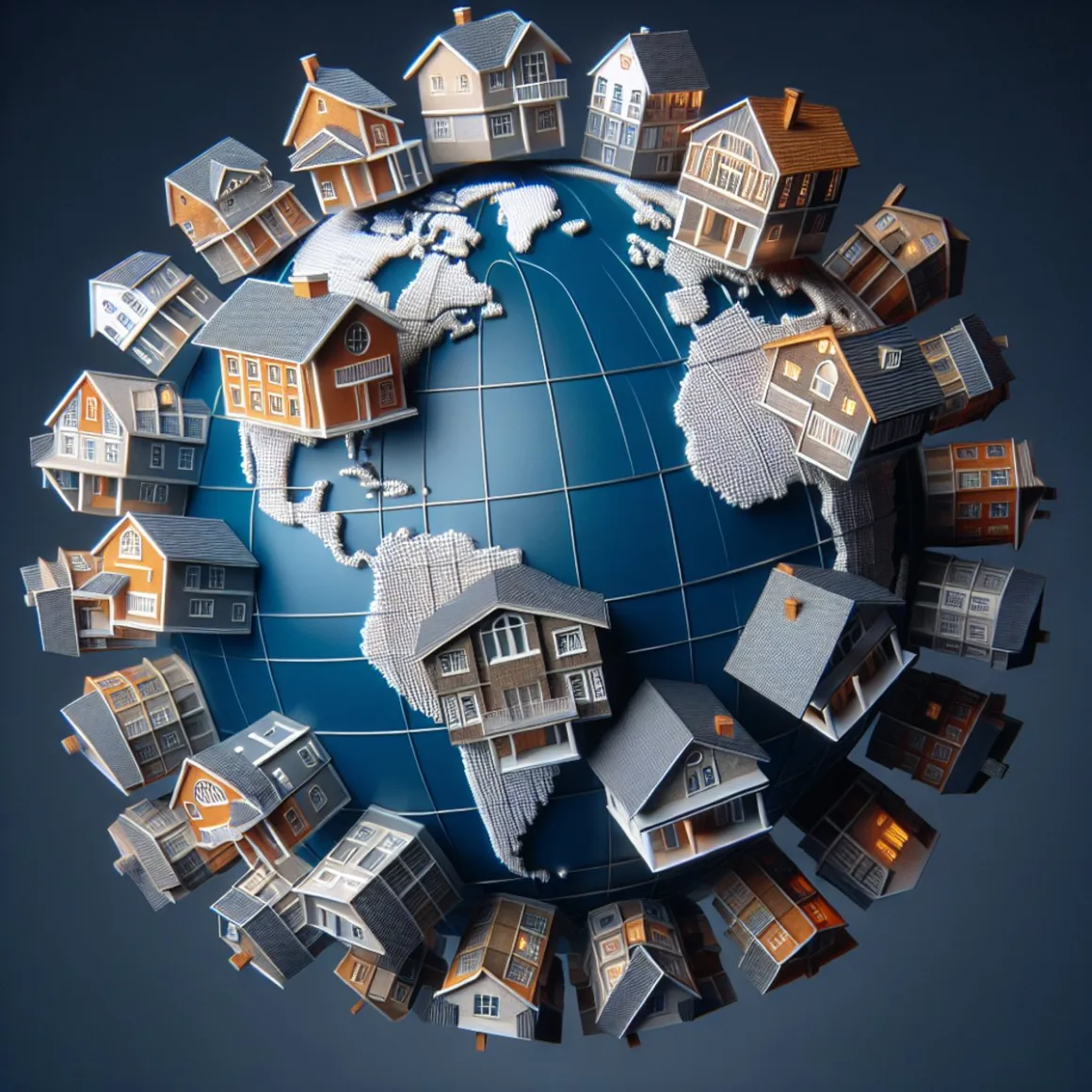 A globe surrounded by a variety of houses representing different global architectural styles, symbolizing the global influence on the housing market.