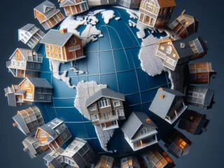 A globe surrounded by a variety of houses representing different global architectural styles, symbolizing the global influence on the housing market.