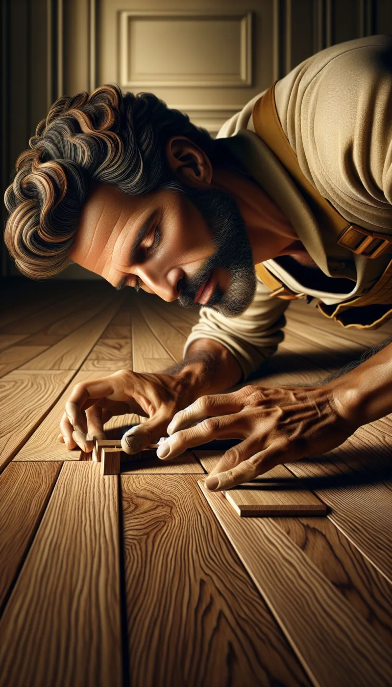 A close-up shot of hands meticulously laying down oak flooring, capturing the intricate details of the wood grains and the precision of the installation process