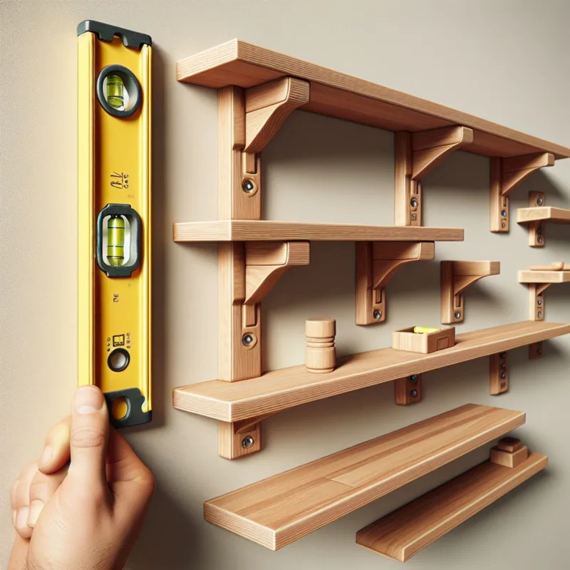 A hand holding a level against a wall with mounted shelves, demonstrating precise carpentry work.