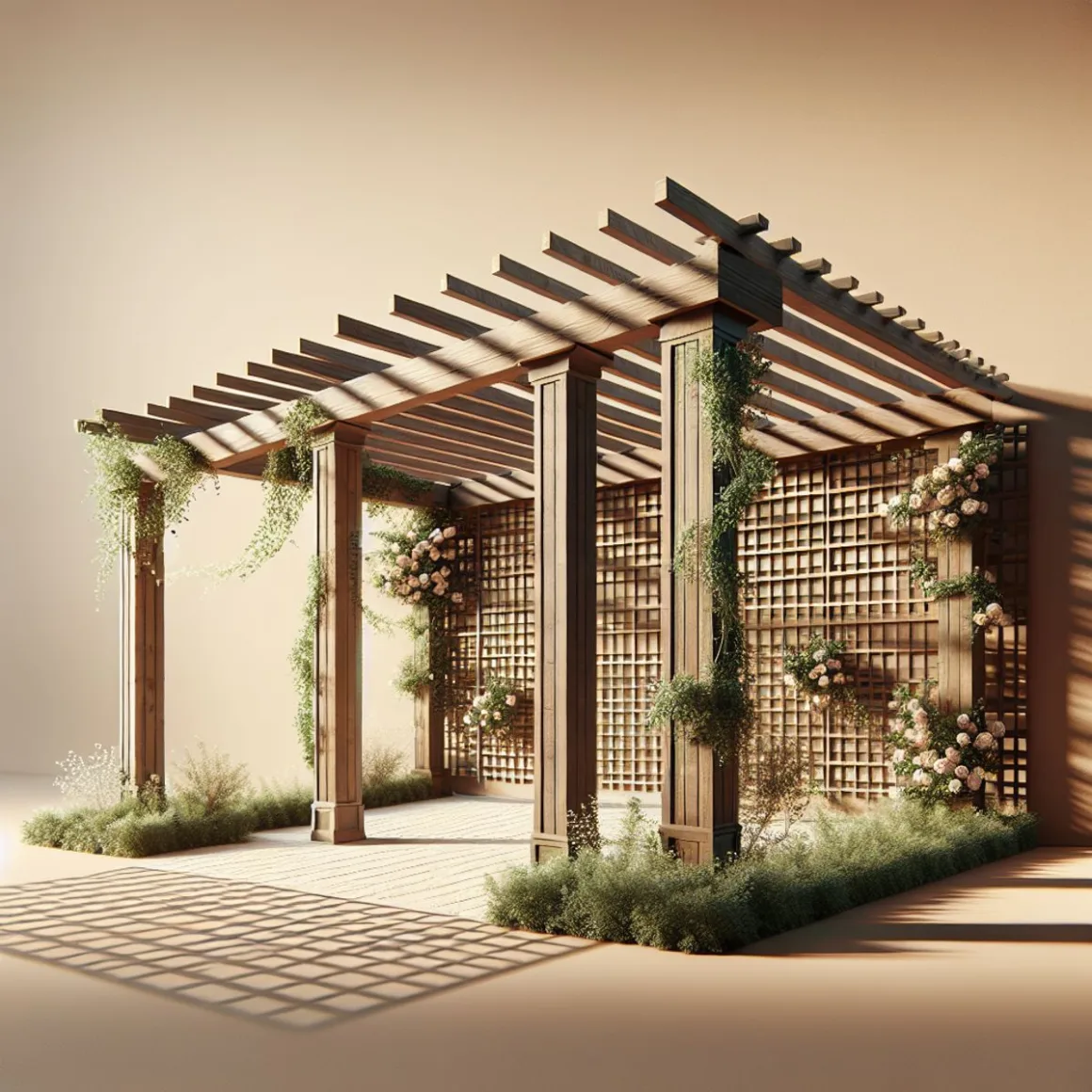 A well-crafted pergola with climbing plants and blooming flowers