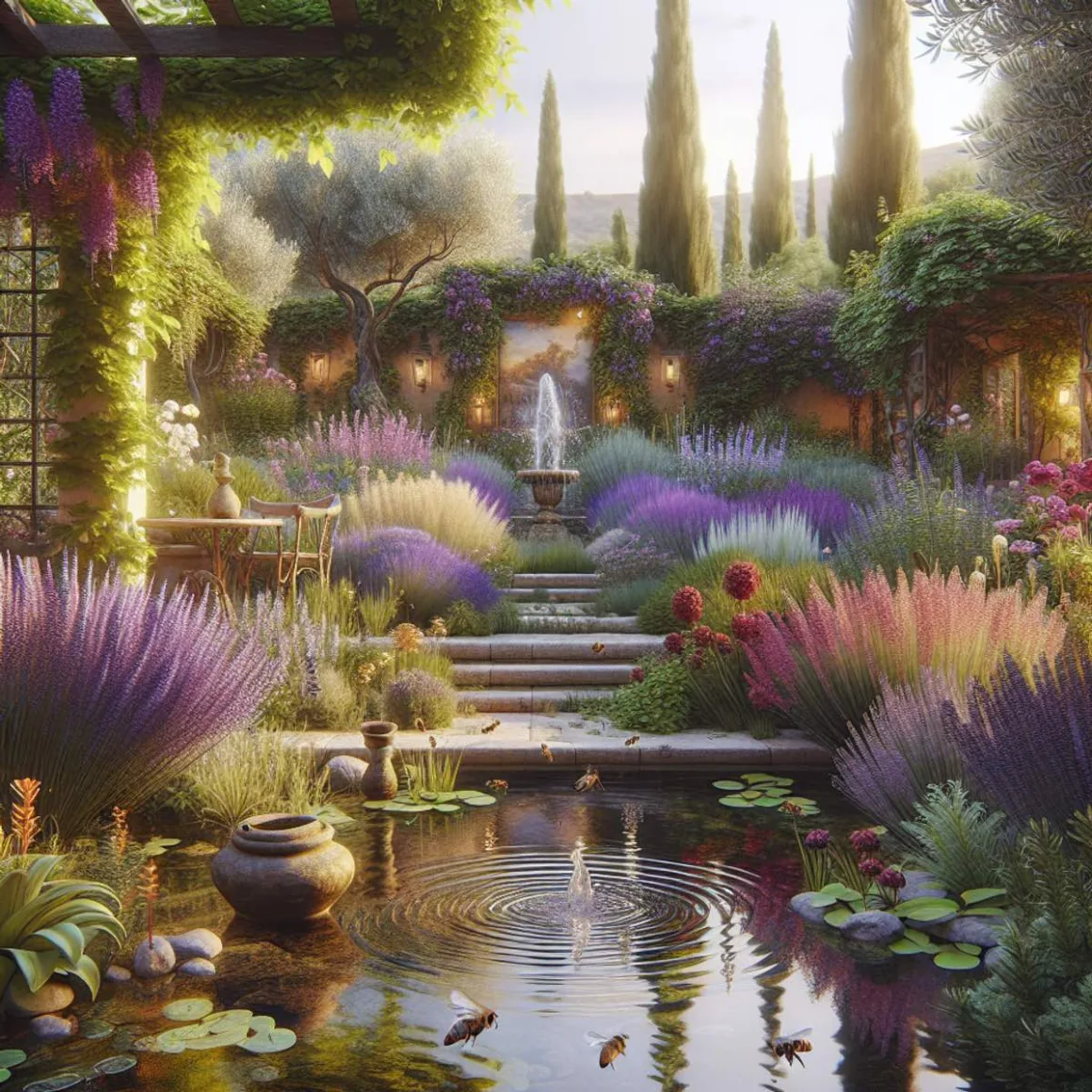 Lush Mediterranean garden with lavender, rosemary, olive trees, stone fountain, pond, bees, stone bench, winding pathways, trellis draped in vines, and warm sunlight.