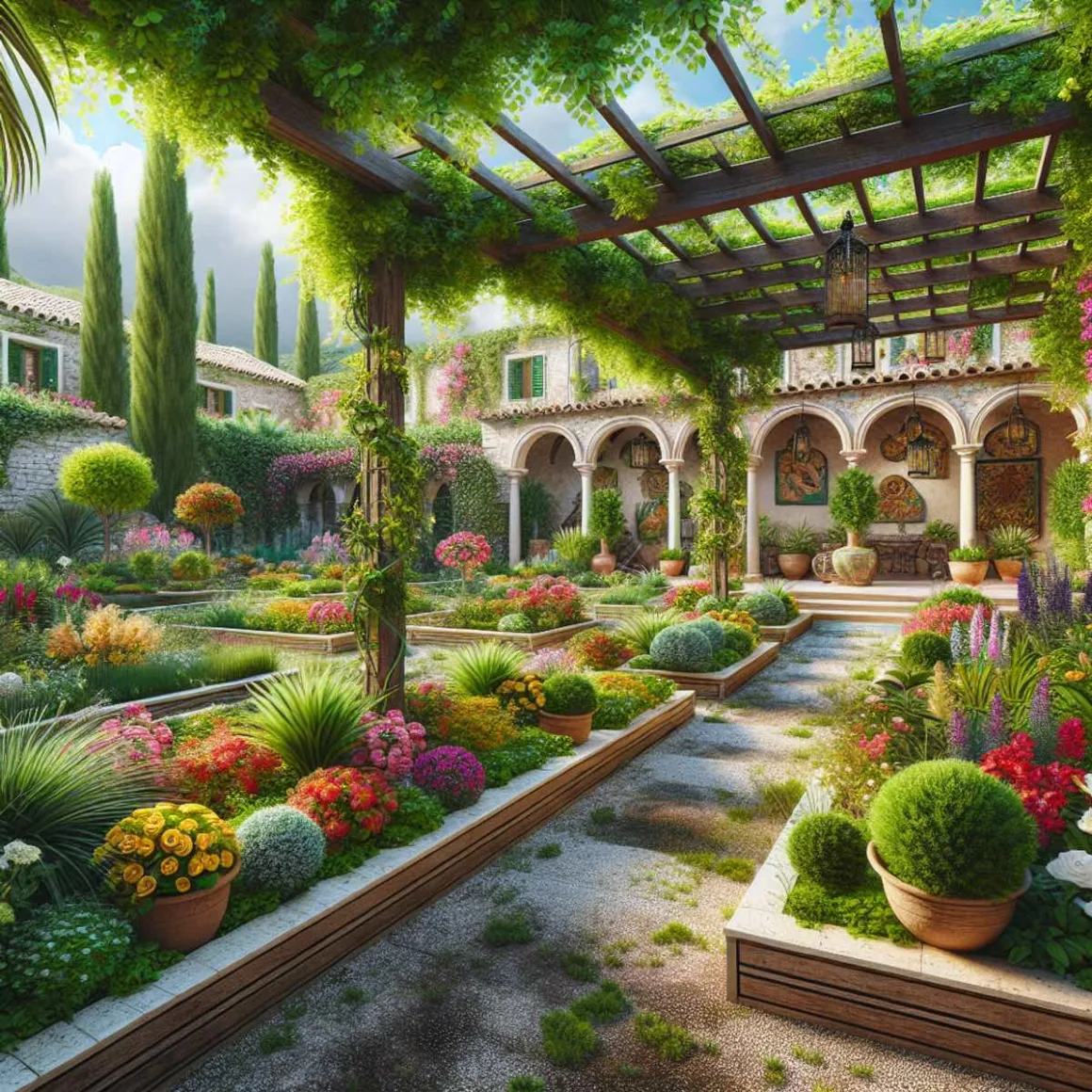 Vibrant Mediterranean courtyard garden with raised flower beds, pergola, and lush greenery.