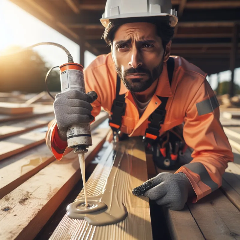 A contractor applying sealant to a wooden structure.