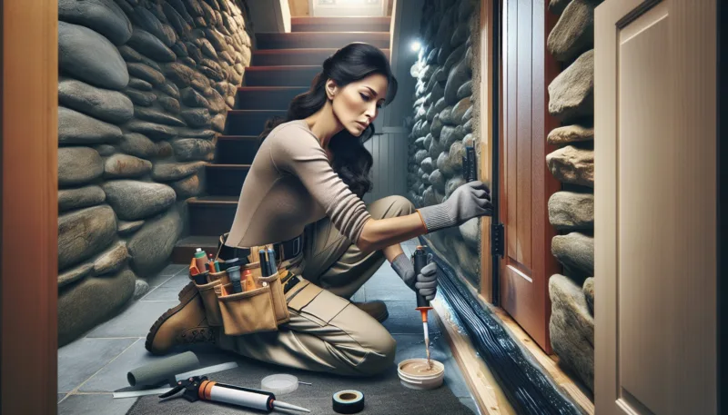 A professional installer caulking a basement door to prevent water leaks.