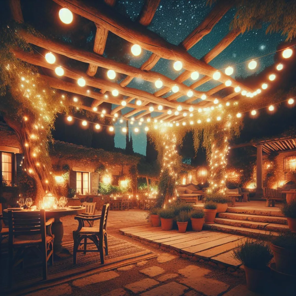 A cozy outdoor space at night with warm lighting and Mediterranean decor.
