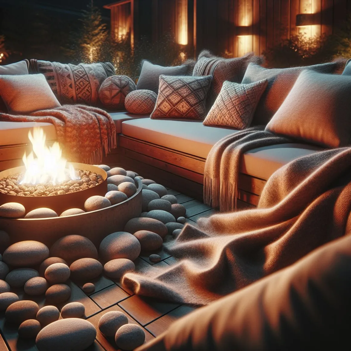 Cozy outdoor space with fire pit, cushions, and blankets.