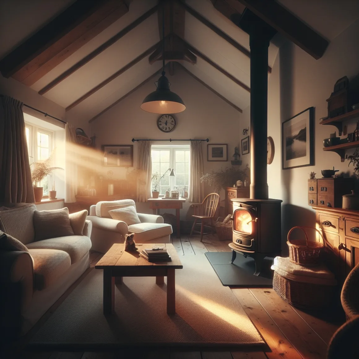A cozy living room with a wood stove emanating warmth and comfort.