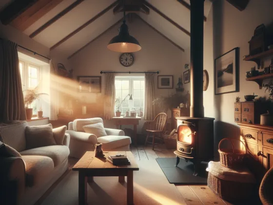 A cozy living room with a wood stove emanating warmth and comfort.