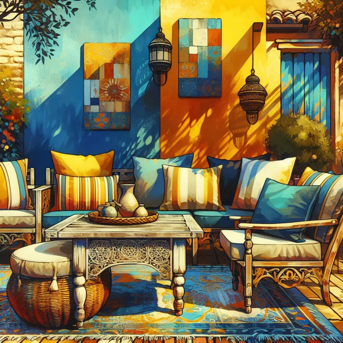 A cozy outdoor seating area with plush cushions and a table, surrounded by Mediterranean-inspired colors.