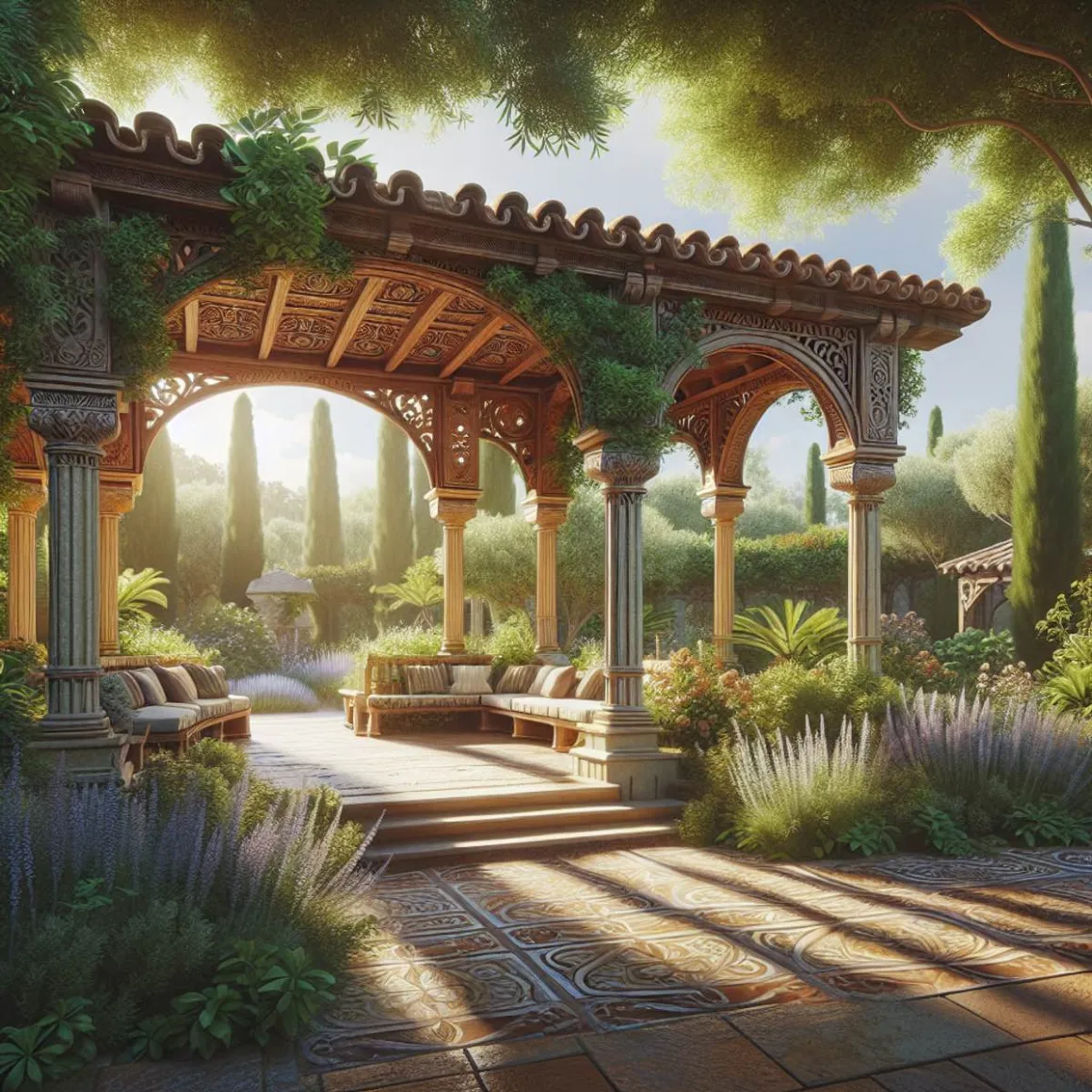 A pergola with Mediterranean plants and sunlight.