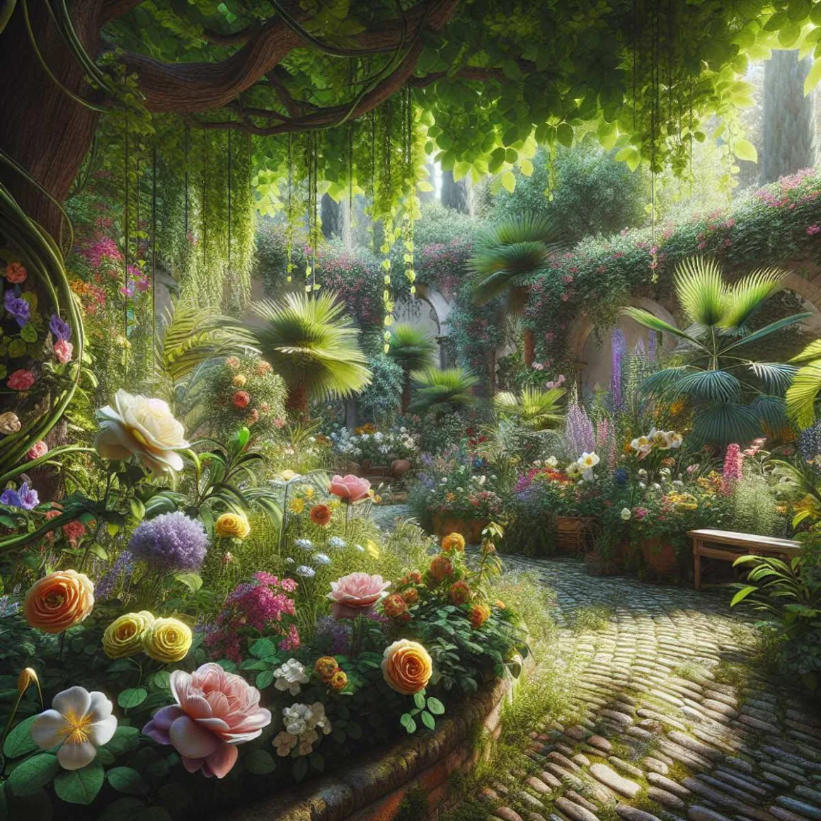 A serene Mediterranean garden with colorful blooms and lush green foliage.