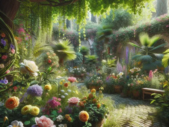 A serene Mediterranean garden with colorful blooms and lush green foliage.