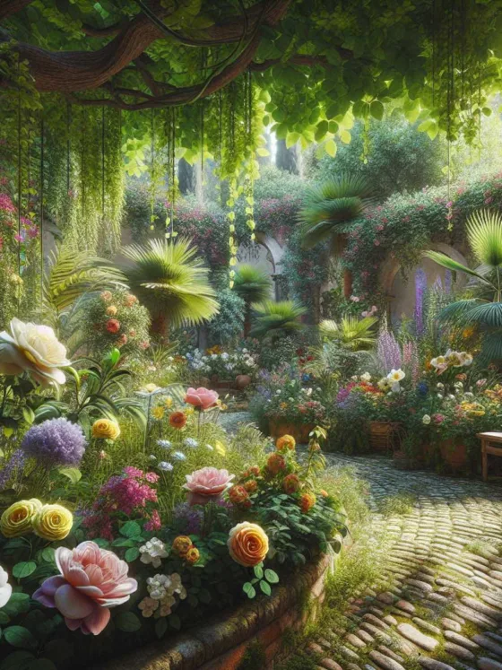 A serene Mediterranean garden with colorful blooms and lush green foliage.