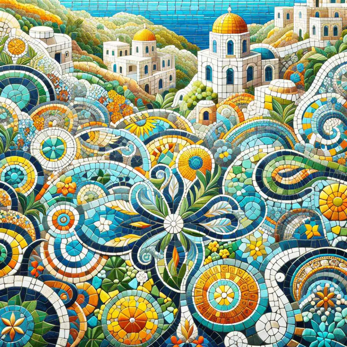 A vibrant mosaic made of colorful tiles, arranged in intricate patterns that echo the essence of the Mediterranean.