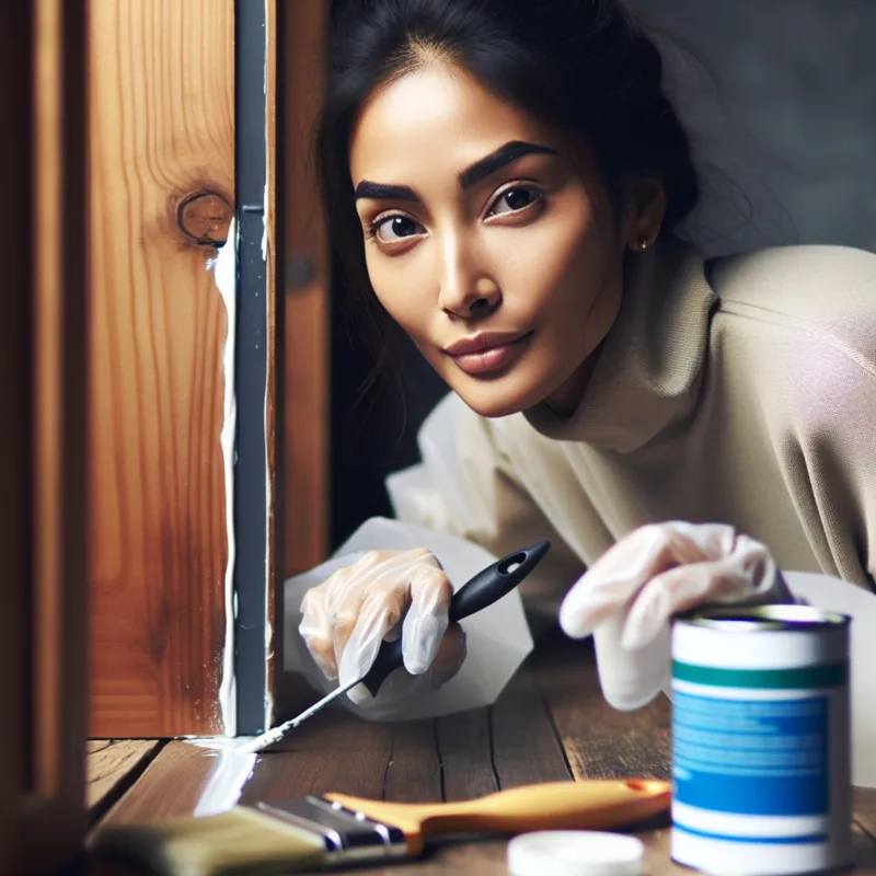 A woman sealing a wooden door with waterproofing material.