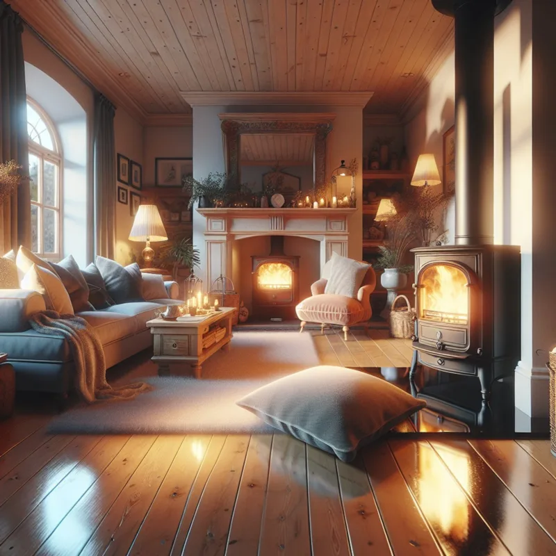 A cozy living room with a wood-burning stove, plush furniture, and warm decor.