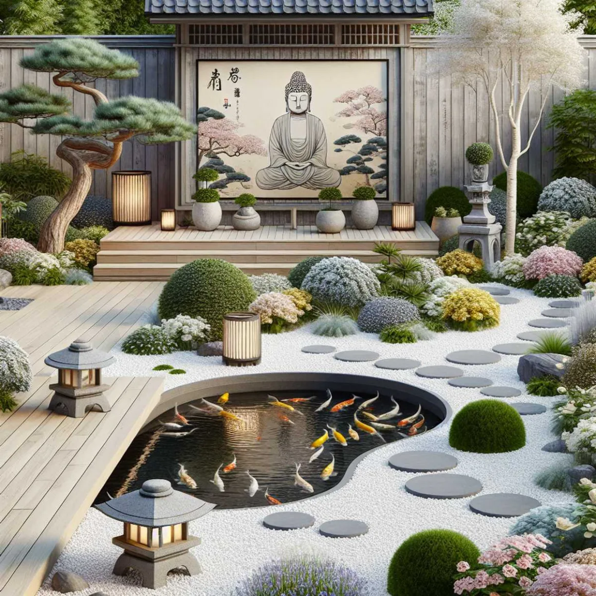 A serene Japandi garden with stone lanterns, a small pond with Koi fish, bonsai trees, and a stone Buddha statue, blending Japanese and Scandinavian design elements for harmony and tranquility.