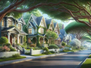 Suburban neighborhood with diverse houses, tree-lined streets, and lush gardens.