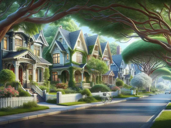 Suburban neighborhood with diverse houses, tree-lined streets, and lush gardens.