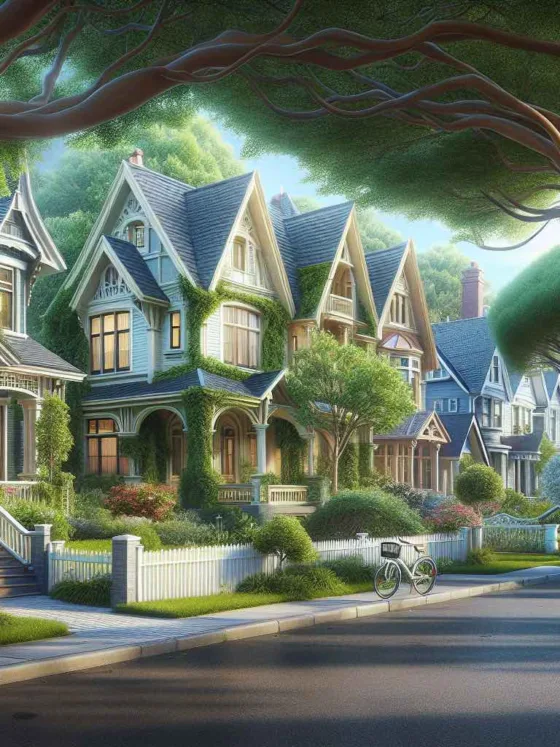 Suburban neighborhood with diverse houses, tree-lined streets, and lush gardens.