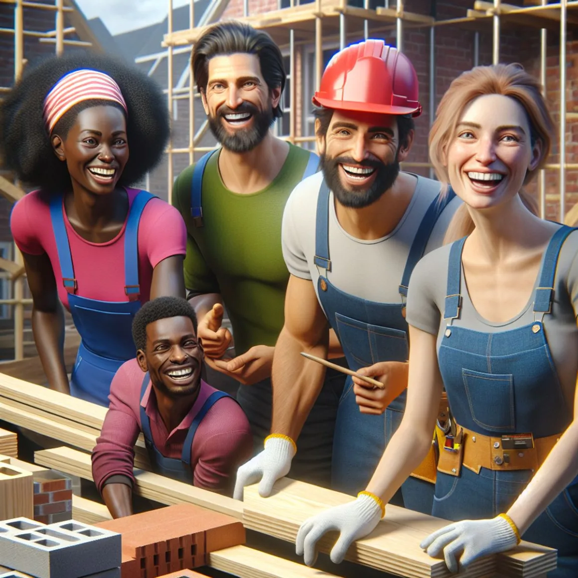A diverse group of construction workers collaborating on a project at a construction site.