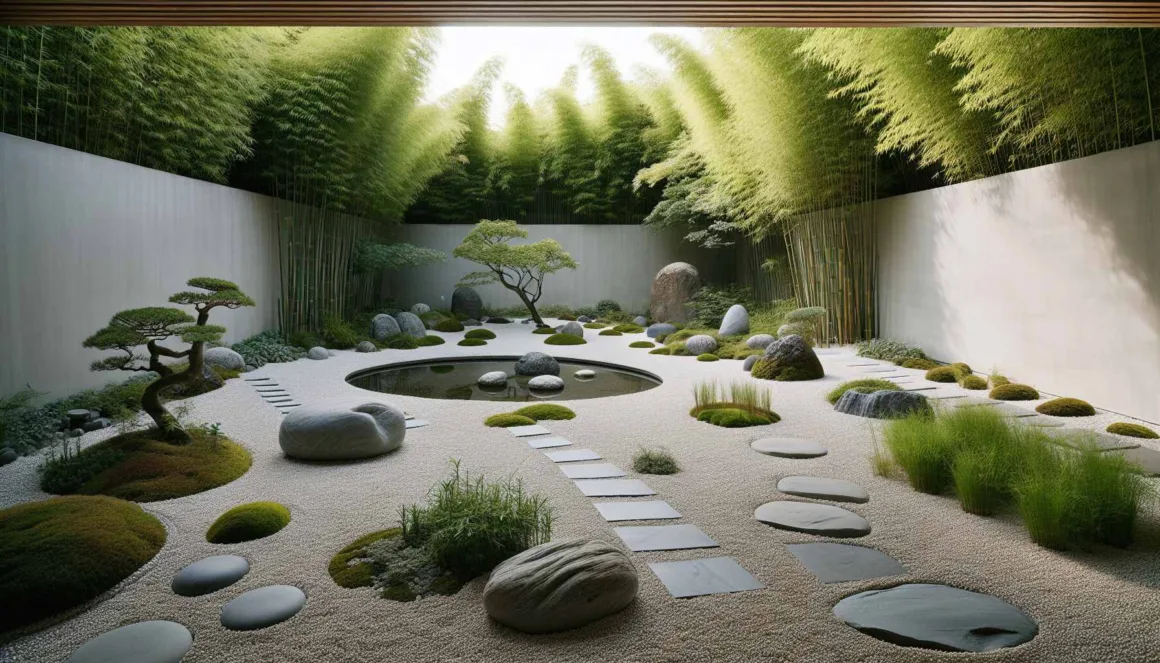 Tranquil Japandi-style garden with meditative pool and gravel paths.