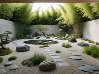 Tranquil Japandi-style garden with meditative pool and gravel paths.