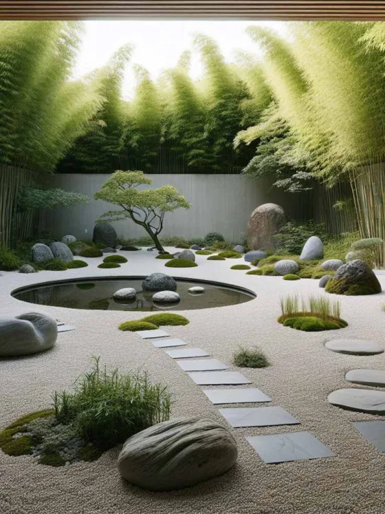 Tranquil Japandi-style garden with meditative pool and gravel paths.