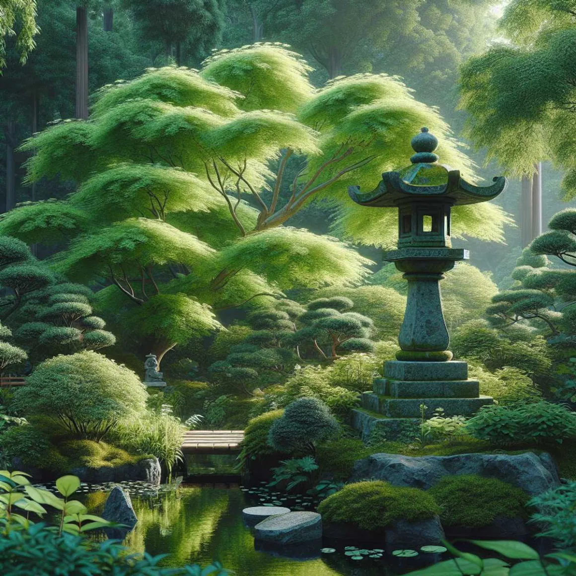 A serene Japanese garden with a traditional stone lantern, lush green foliage, a koi pond, stepping stones, and a wooden bridge.