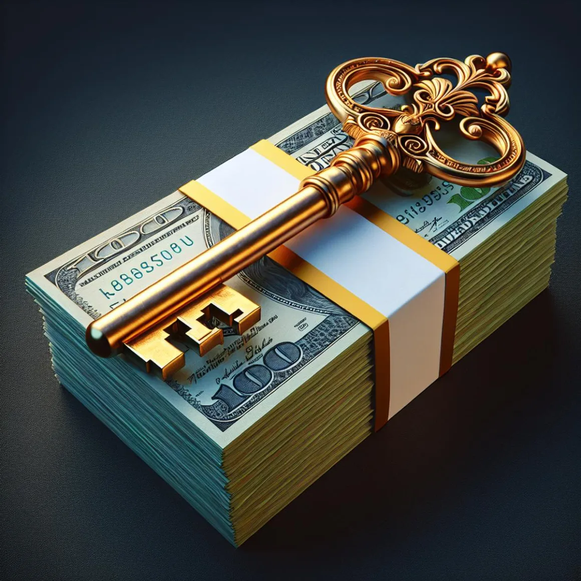 A golden key resting on a stack of dollar bills.