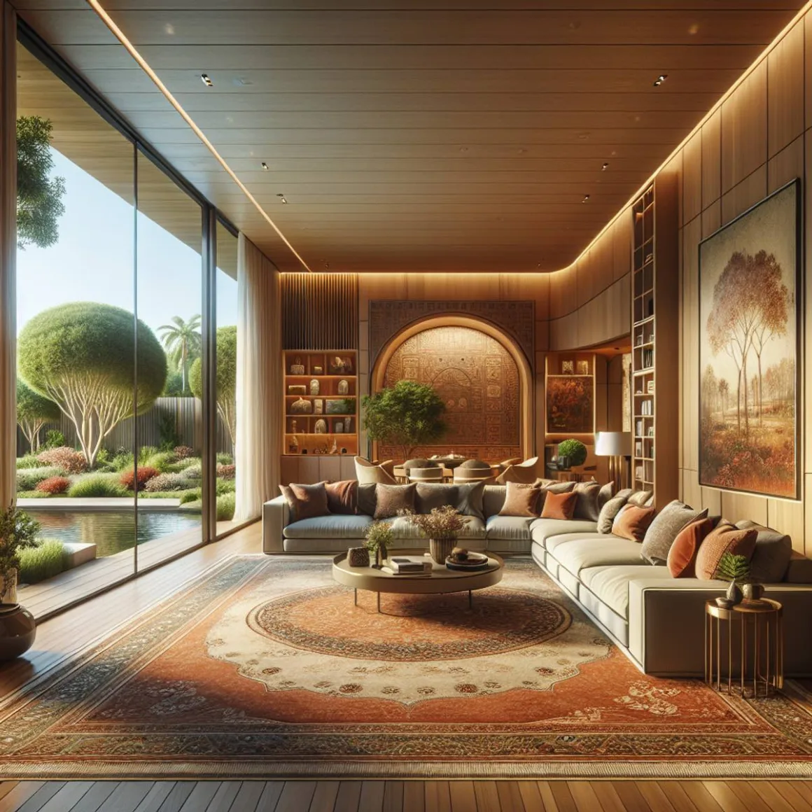 Cozy and inviting living room with a plush couch, warm-colored walls, and garden view.