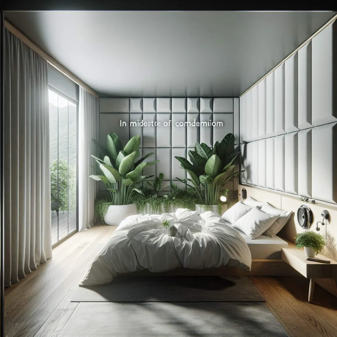 A minimalist bedroom with soundproof walls, adorned with lush green plants, creating a serene and stylish retreat.