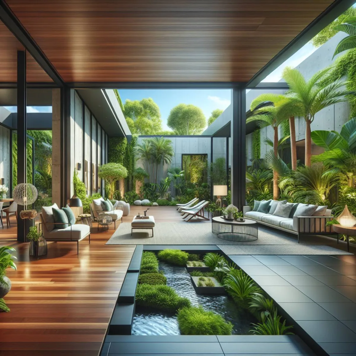 A modern open-concept living area seamlessly transitions into a lush outdoor retreat, with contemporary furniture, abundant natural light, and a tranquil waterfall.