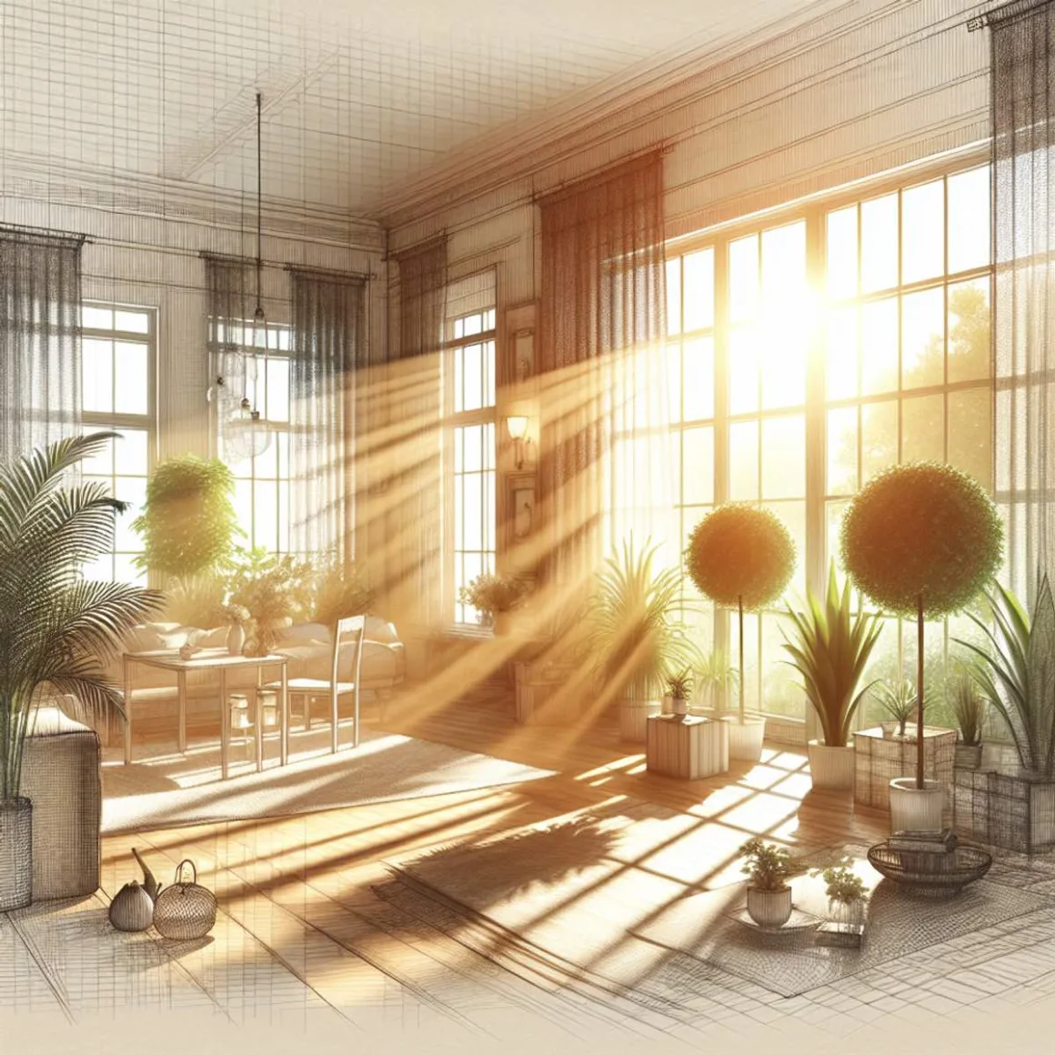 A sunlit room with open windows, breezy curtains, and vibrant indoor plants.