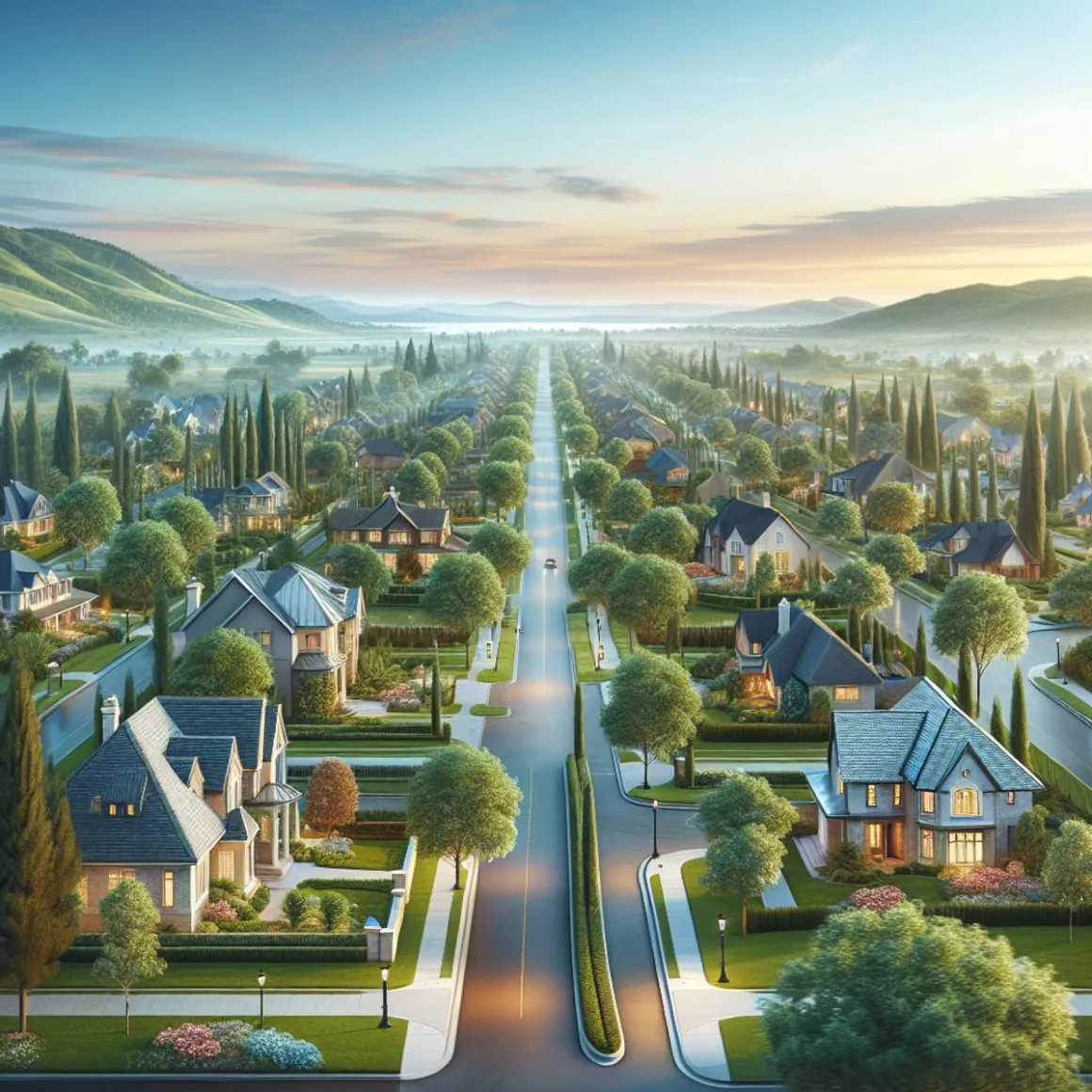 Aerial view of a peaceful neighborhood with tree-lined streets, manicured lawns, and architecturally distinct houses set against rolling hills and a sunset sky.
