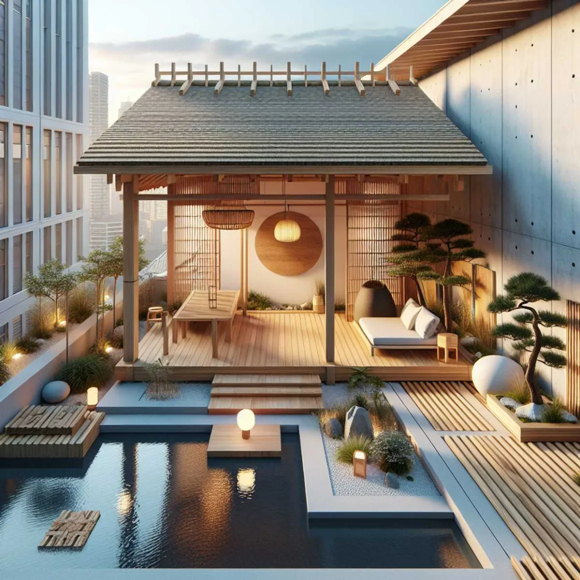 Tranquil rooftop garden with Japanese and Scandinavian design elements.